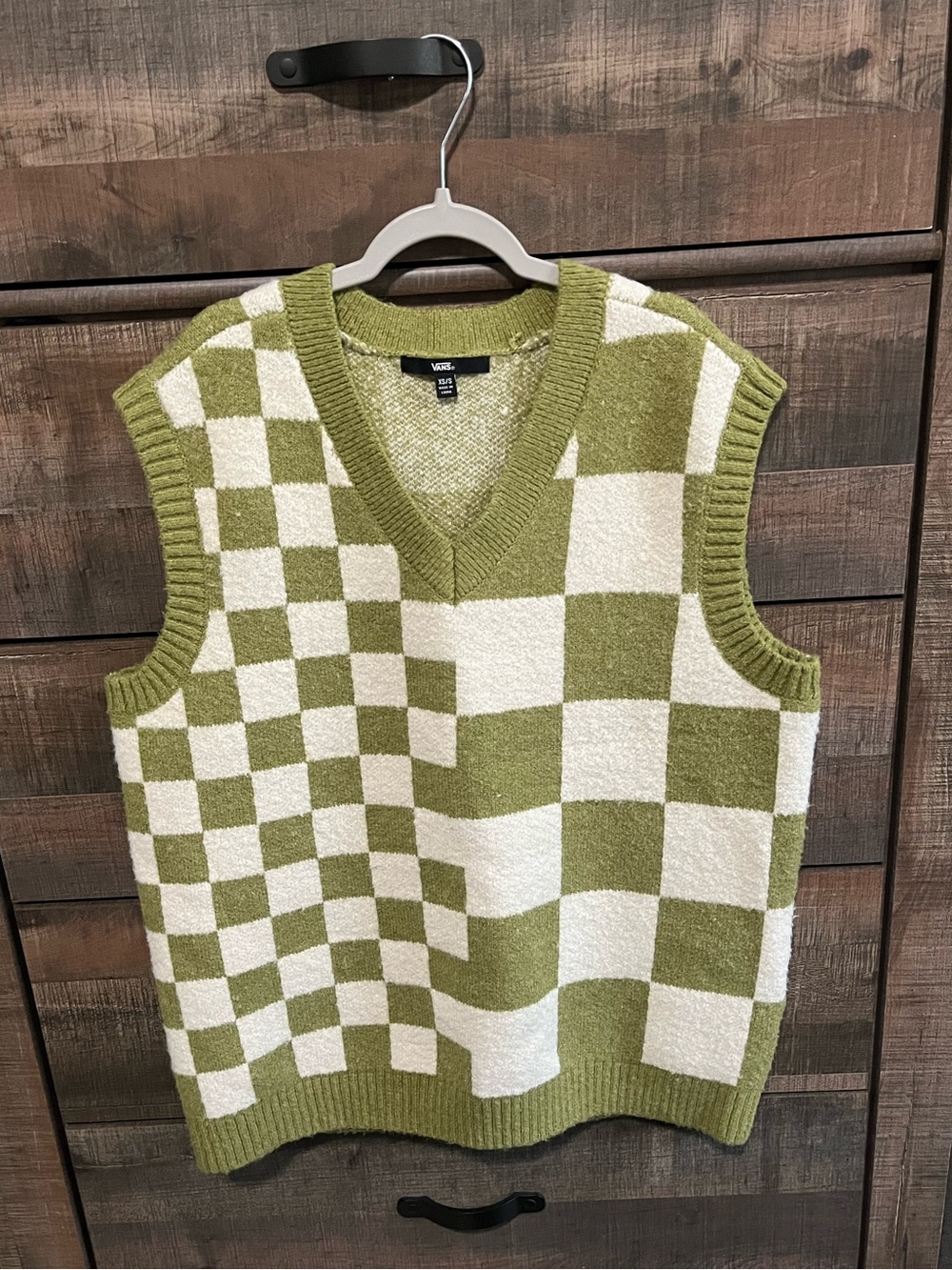 Vans Olive & Cream Checkerboard V‑Neck Sweater Vest XS/S
